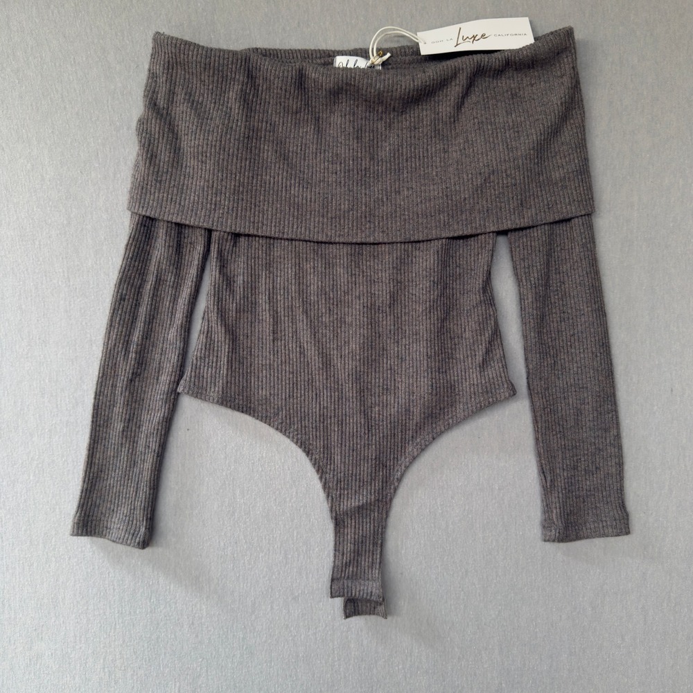 Ooh La Luxe Aria Off Shoulder Fold Over Long‎ Sleeve Thong Bodysuit Medium